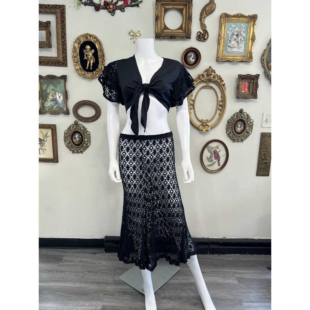 Vintage Cheryl Creations Black Tie Front Crop Top & Open Crochet Skirt Set M/S